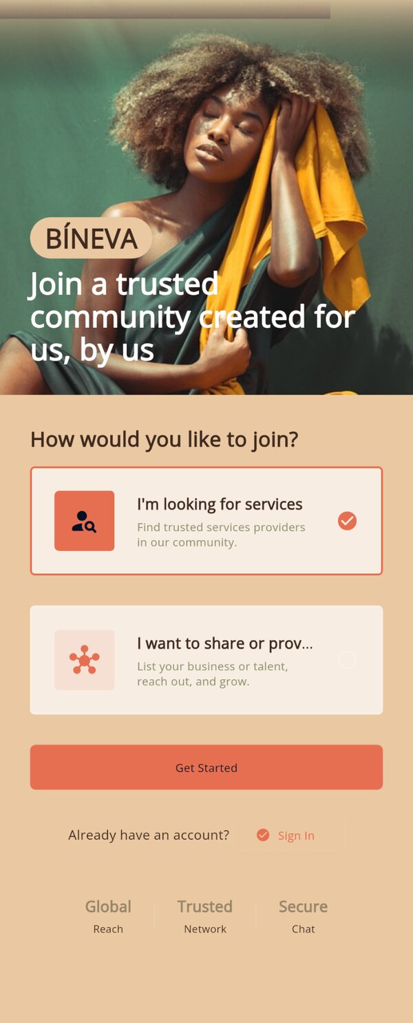 Bíneva app onboarding screen
