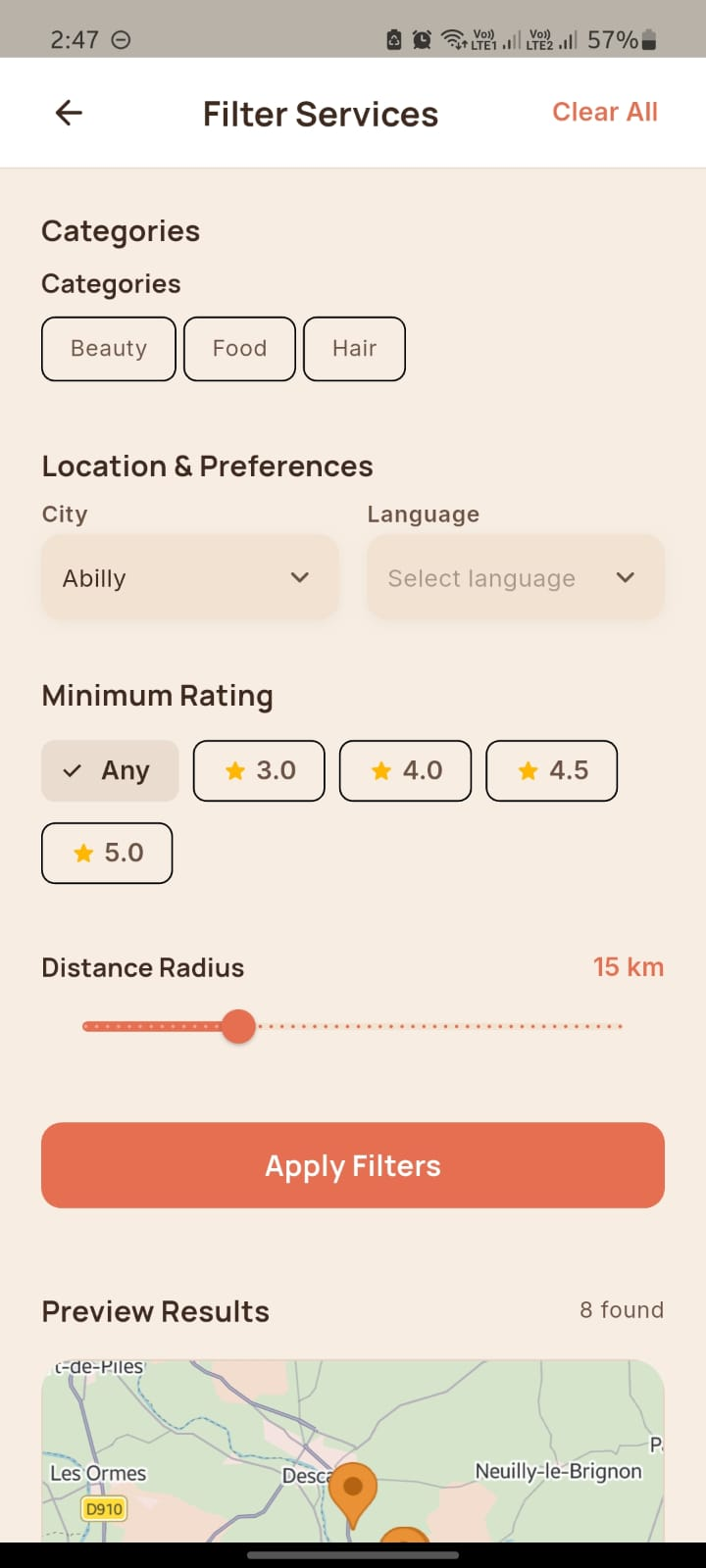 Bíneva app screen — Search exactly what you need