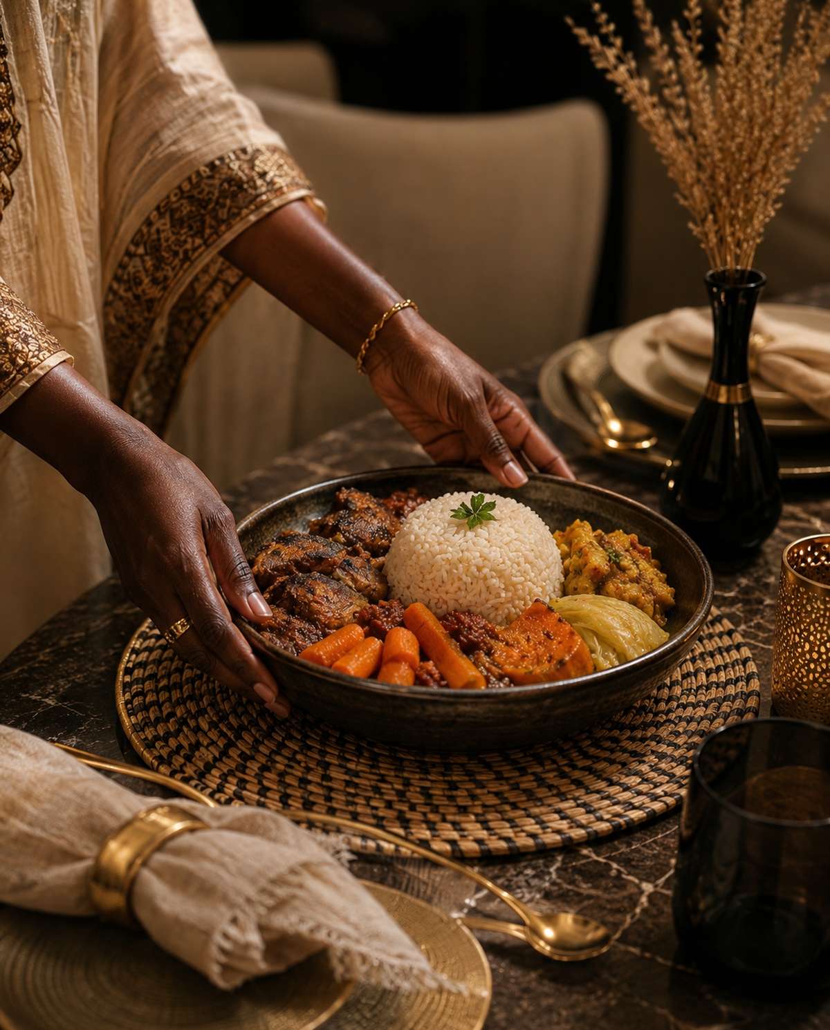A home-cooked meal being served